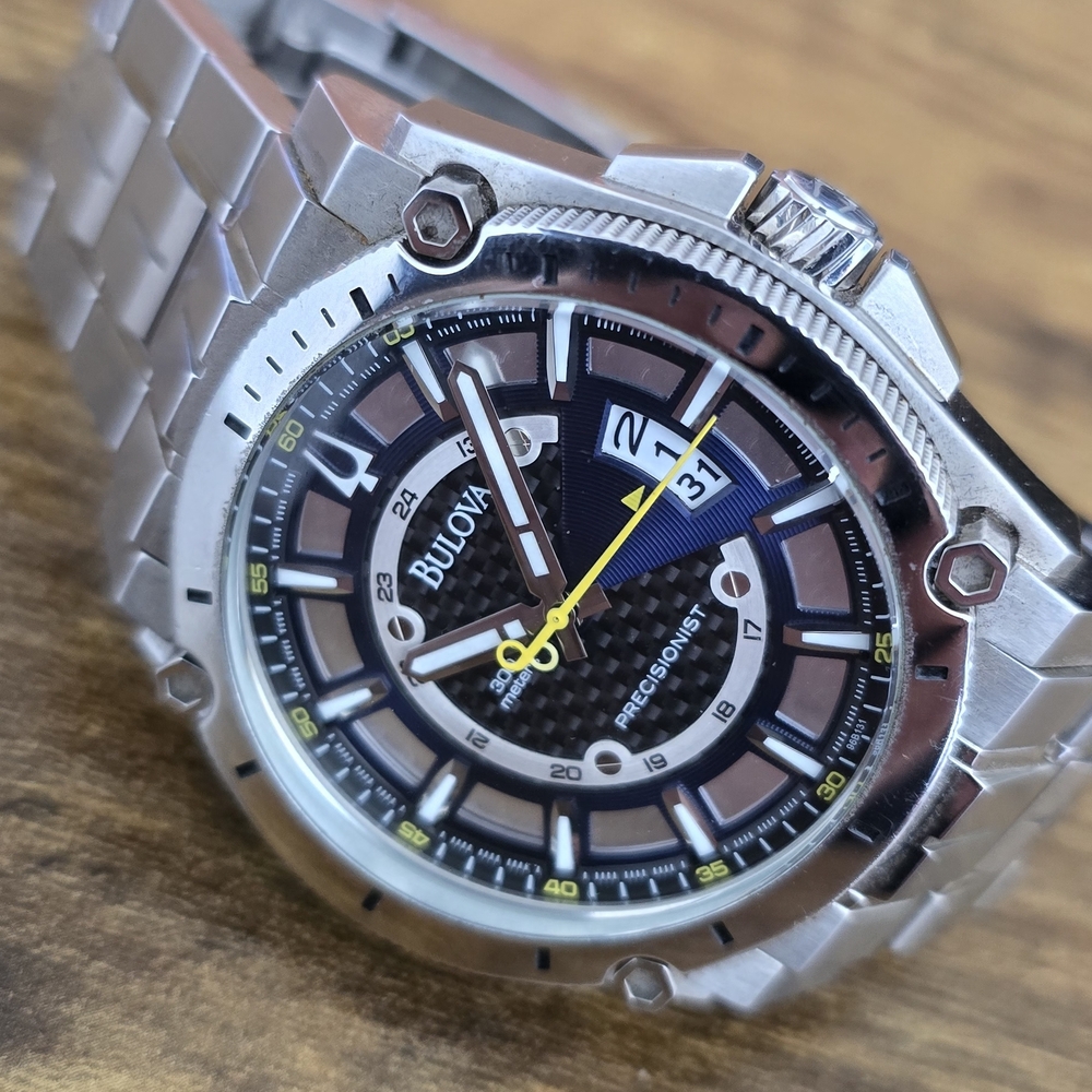 Bulova Silver Watch with Black Dial and Yellow Second Hand